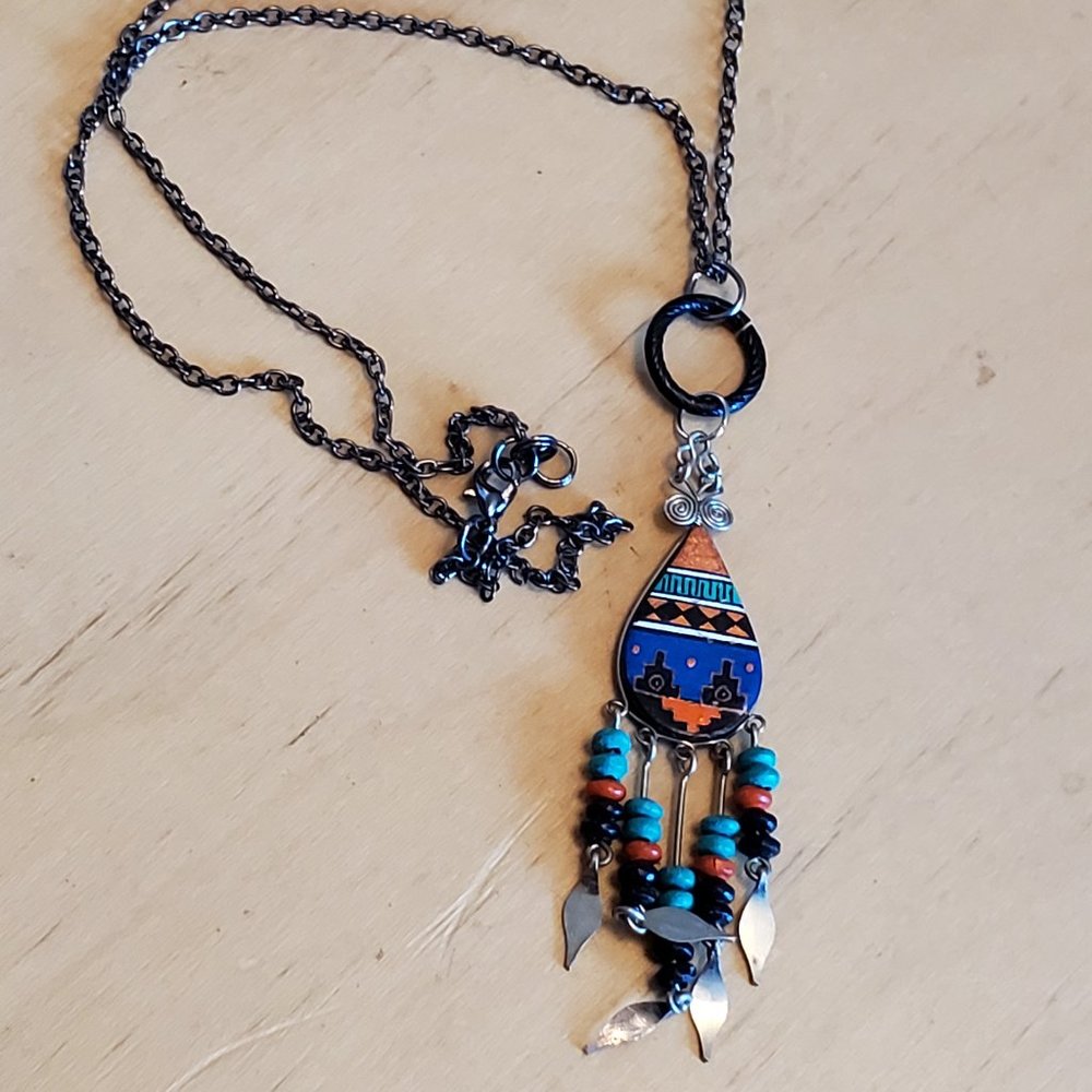 20" Gunmetal Native Theme Design Pendant Necklace